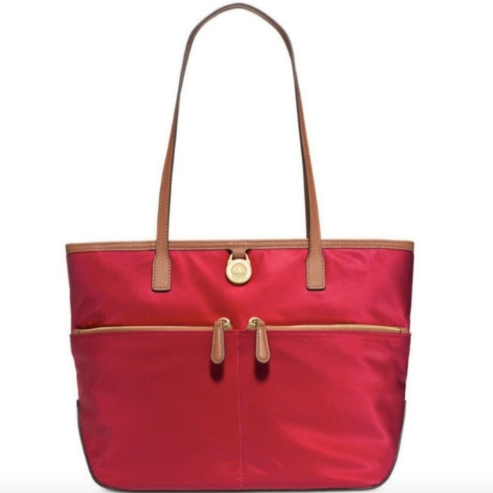Michael Kors Cherry Red Tote with Tan Accents